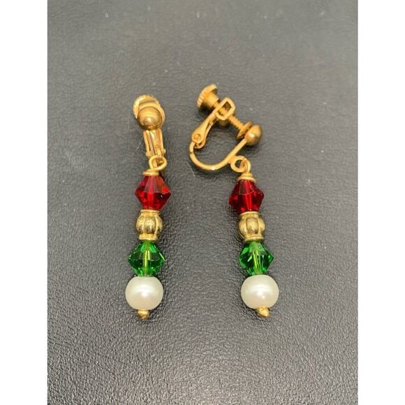 Unbranded Jewelry - Vintage Gold Tone & Red & Green Beads & Faux Pear Christmas Screw back Earrings